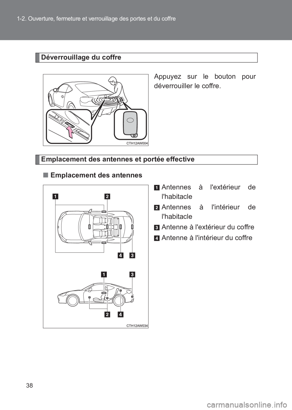 TOYOTA GT86 2017  Notices Demploi (in French) 38
1-2. Ouverture, fermeture et verrouillage des portes et du coffre
86_EK (OM18073K)
Déverrouillage du coffreAppuyez sur le bouton pour
déverrouiller le coffre.
Emplacement des antennes et portée 