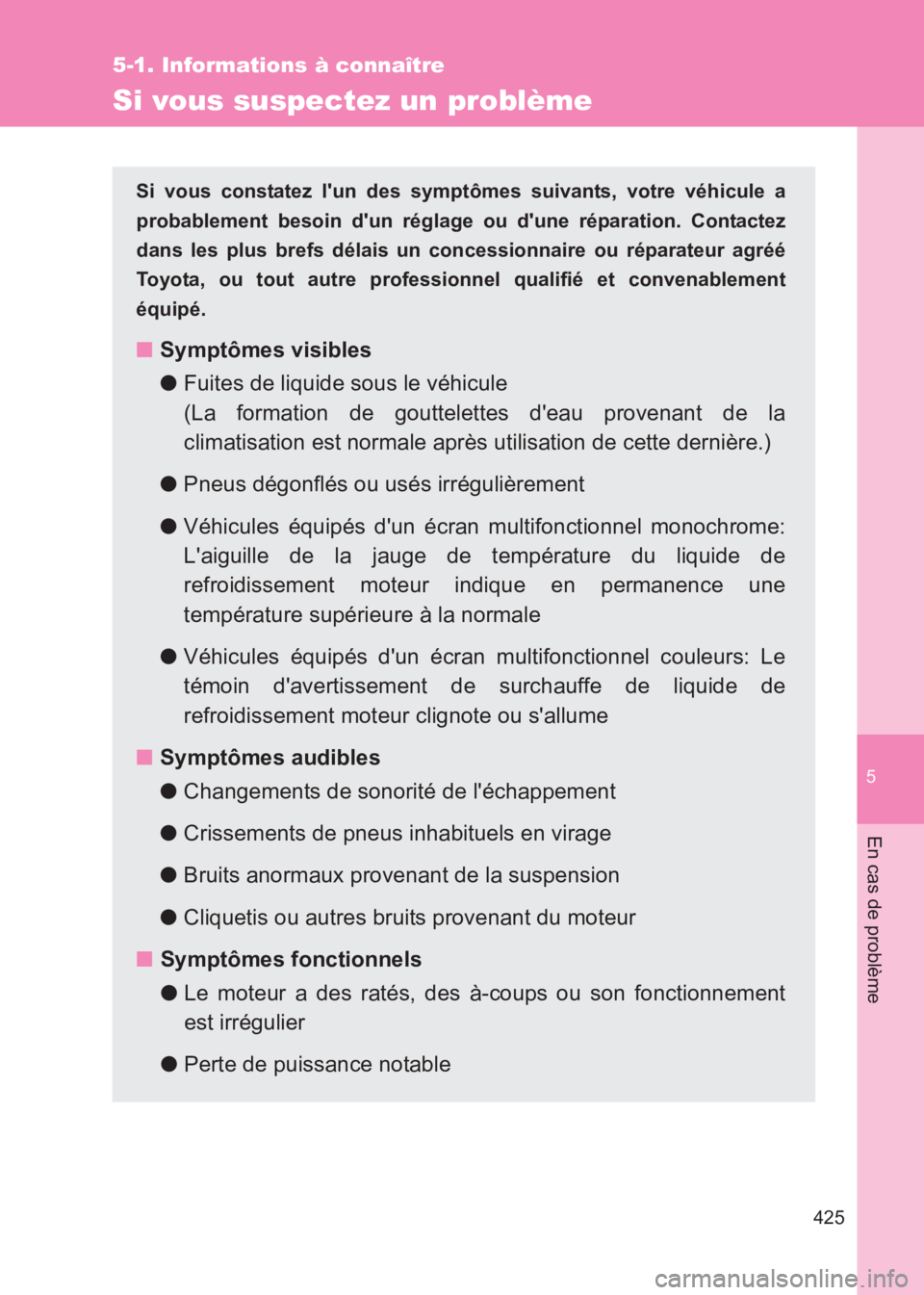 TOYOTA GT86 2017  Notices Demploi (in French) 5
425
5-1. Informations à connaître
En cas de problème
86_EK (OM18073K)
Si vous suspectez un problème
Si vous constatez lun des symptômes suivants, votre véhicule a
probablement besoin dun ré