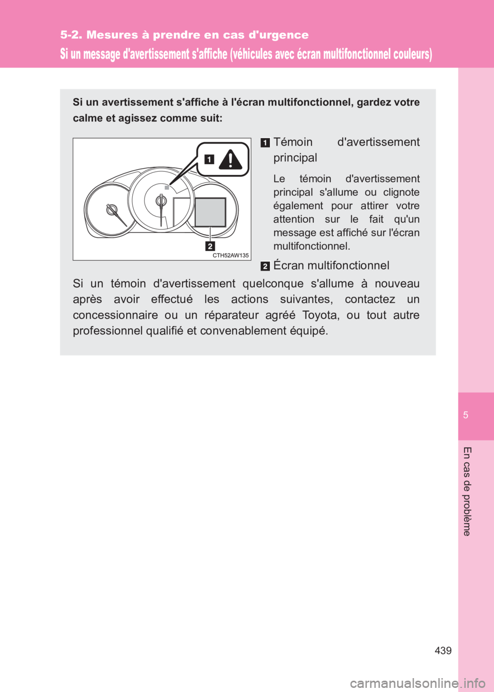 TOYOTA GT86 2017  Notices Demploi (in French) 5
439
5-2. Mesures à prendre en cas durgence
En cas de problème
86_EK (OM18073K)
Si un message daver tissement saffiche (véhicules avec écran multifonctionnel couleurs)
Si un avertissement saf