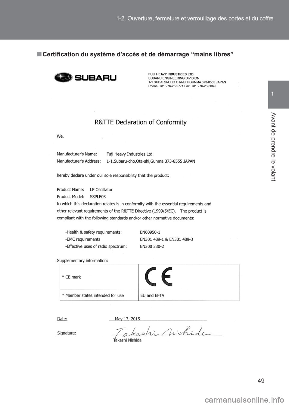 TOYOTA GT86 2017  Notices Demploi (in French) 49
1-2. Ouverture, fermeture et verrouillage des portes et du coffre
1
Avant de prendre le volant
86_EK (OM18073K)
■Certification du système daccès et de démarrage “mains libres” 