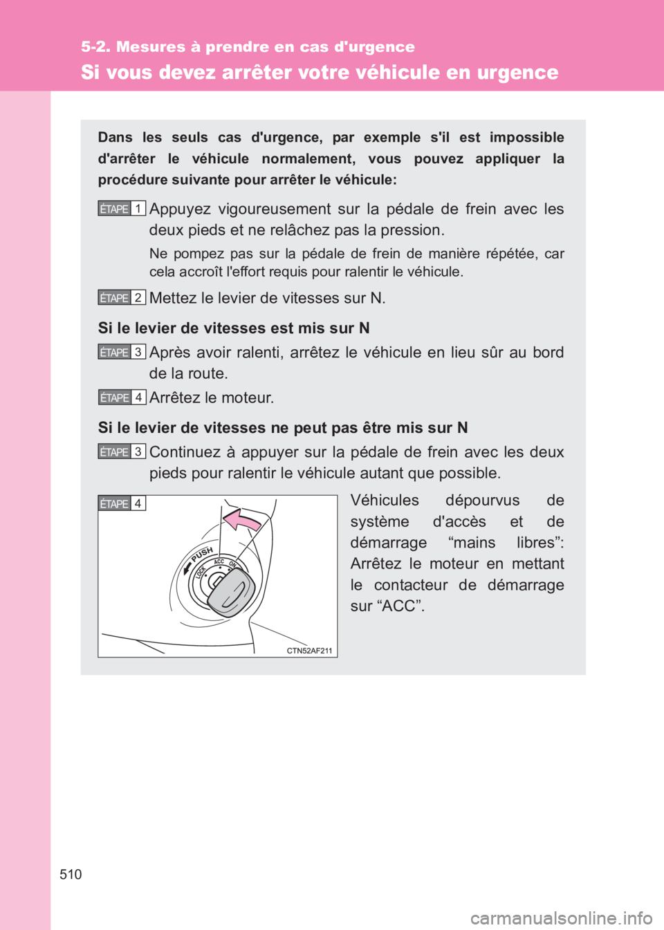 TOYOTA GT86 2017 Notices Demploi (in French) 510
5-2. Mesures à prendre en cas durgence
86_EK (OM18073K)
Si vous devez arrêter votre véhicule en urgence
Dans les seuls cas durgence, par exemple sil est impossible
darrêter le véhicule no TOYOTA GT86 2017 Notices Demploi (in French) 510
5-2. Mesures à prendre en cas durgence
86_EK (OM18073K)
Si vous devez arrêter votre véhicule en urgence
Dans les seuls cas durgence, par exemple sil est impossible
darrêter le véhicule no