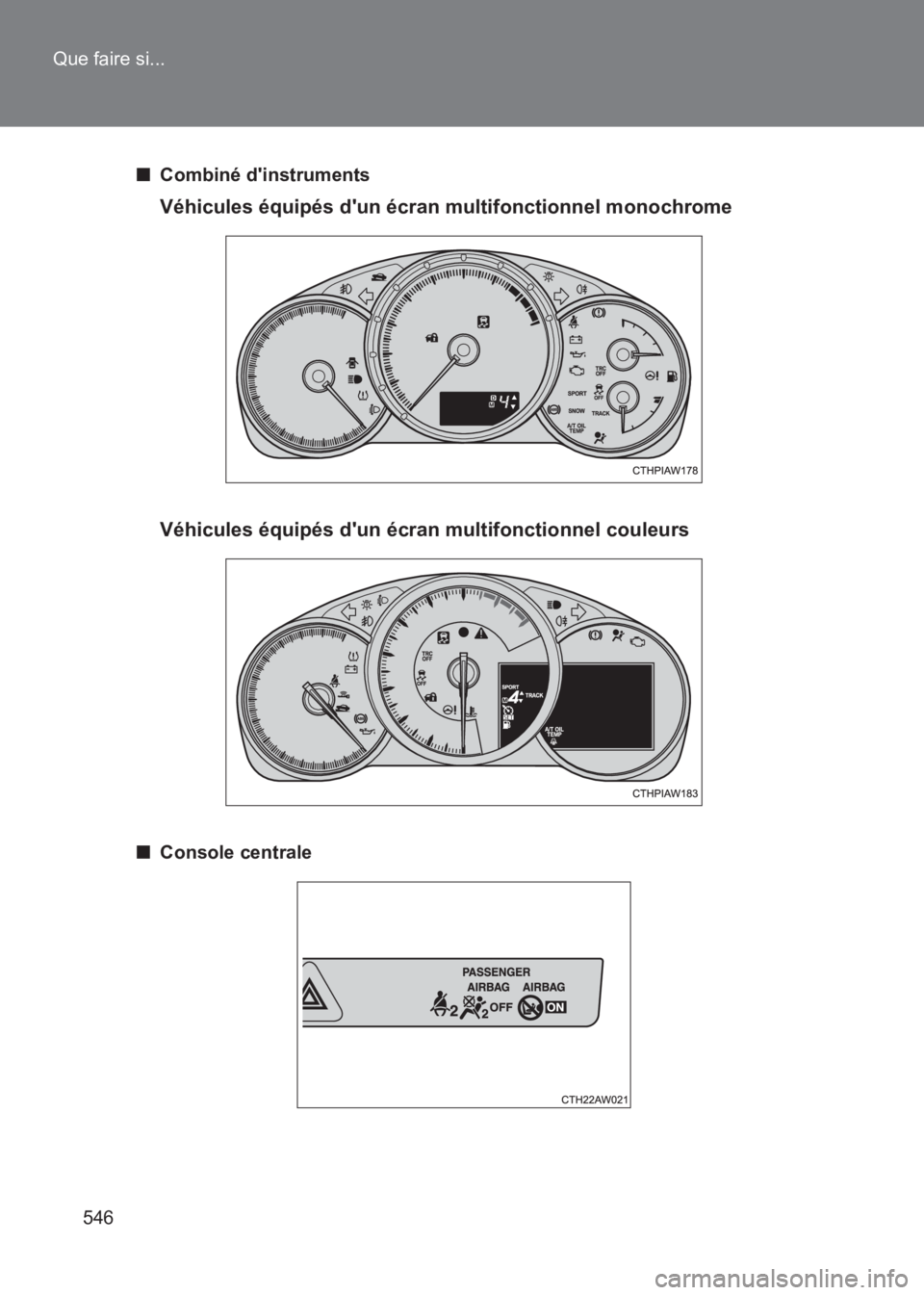 TOYOTA GT86 2017  Notices Demploi (in French) 546
Que faire si...
86_EK (OM18073K)
■
Combiné dinstruments
Véhicules équipés dun écran multifonctionnel monochrome
Véhicules équipés dun écran multifonctionnel couleurs
■Console centr