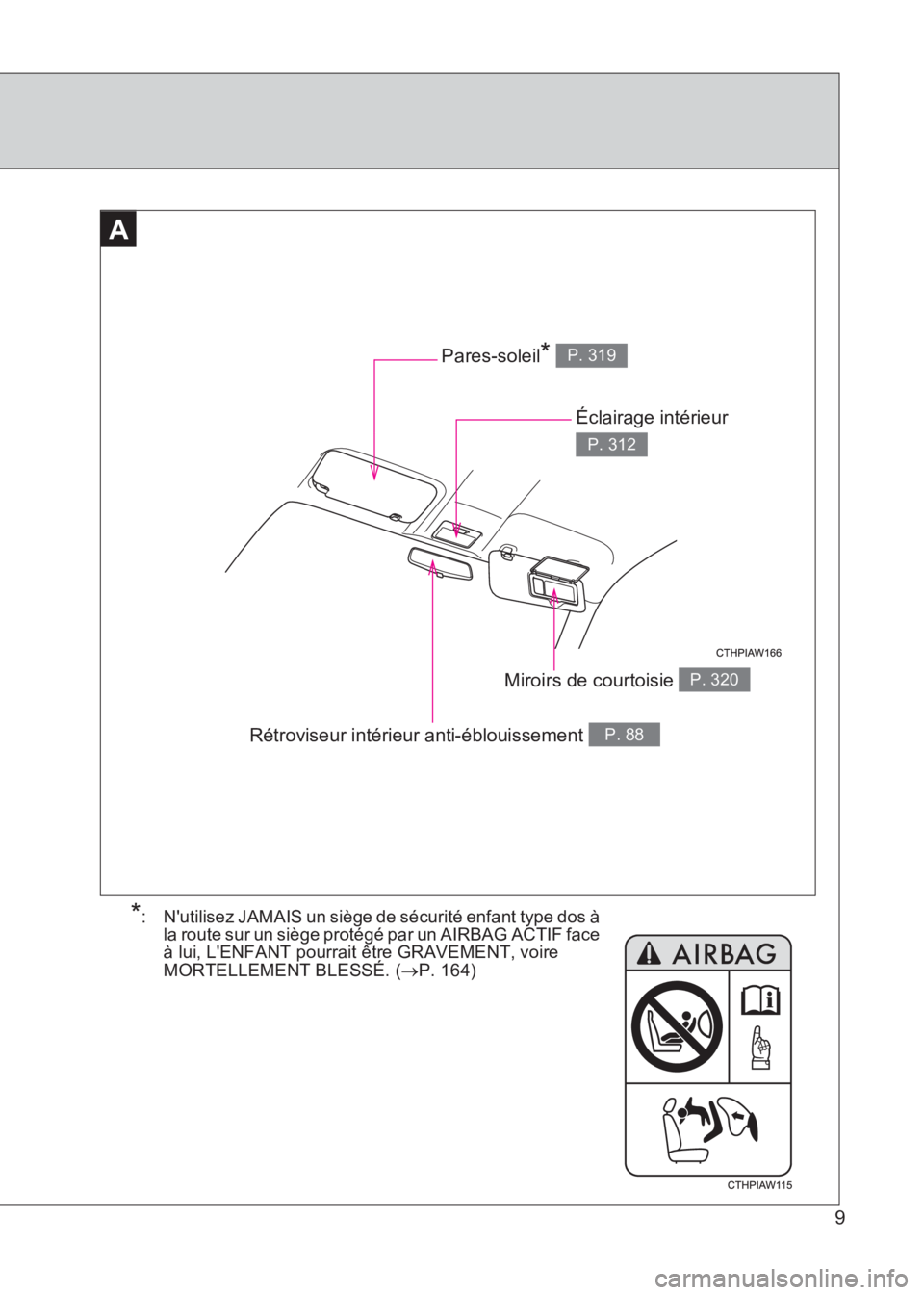 TOYOTA GT86 2017  Notices Demploi (in French) 86_EK (OM18073K)
9
AA
Rétroviseur intérieur anti-éblouissement P. 88
Miroirs de courtoisie P. 320
Pares-soleil* P. 319
Éclairage intérieur 
P. 312
*: Nutilisez JAMAIS un siège de sécurité enf