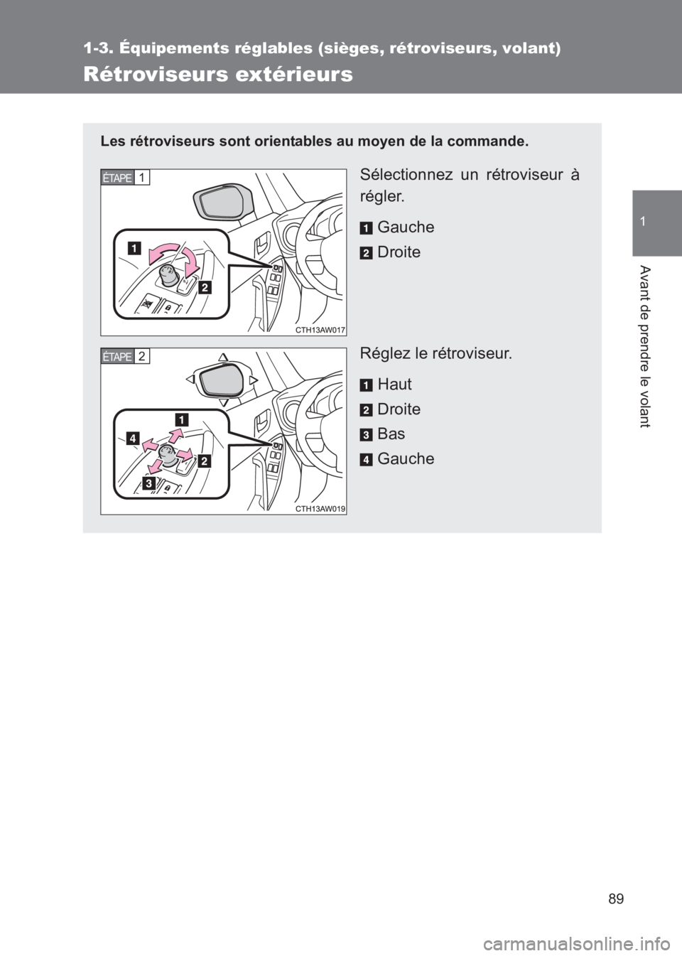 TOYOTA GT86 2017  Notices Demploi (in French) 89
1
1-3. Équipements réglables (sièges, rétroviseurs, volant)
Avant de prendre le volant
86_EK (OM18073K)
Rétroviseurs extérieurs
Les rétroviseurs sont orientables au moyen de la commande.
Sé