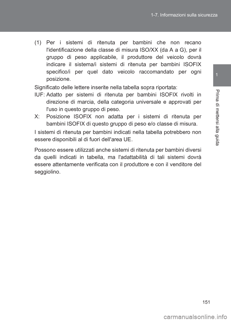 TOYOTA GT86 2017 Manuale duso (in Italian) 151
1-7. Informazioni sulla sicurezza
1
Prima di mettersi alla guida
86_EL (OM18077L)
(1) Per i sistemi di ritenuta per bambini che non recano
lidentificazione della classe di misura ISO/XX (da A a G TOYOTA GT86 2017 Manuale duso (in Italian) 151
1-7. Informazioni sulla sicurezza
1
Prima di mettersi alla guida
86_EL (OM18077L)
(1) Per i sistemi di ritenuta per bambini che non recano
lidentificazione della classe di misura ISO/XX (da A a G