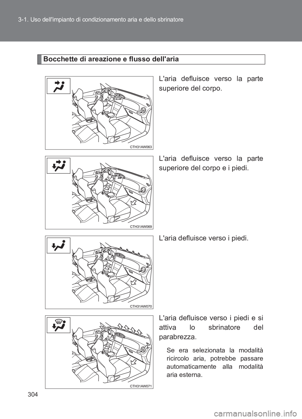 TOYOTA GT86 2017  Manuale duso (in Italian) 304
3-1. 
Uso dellimpianto di condizionamento aria e dello sbrinatore
86_EL (OM18077L)
Bocchette di areazione e flusso dellaria
Laria defluisce verso la parte
superiore del corpo.
Laria defluisce 