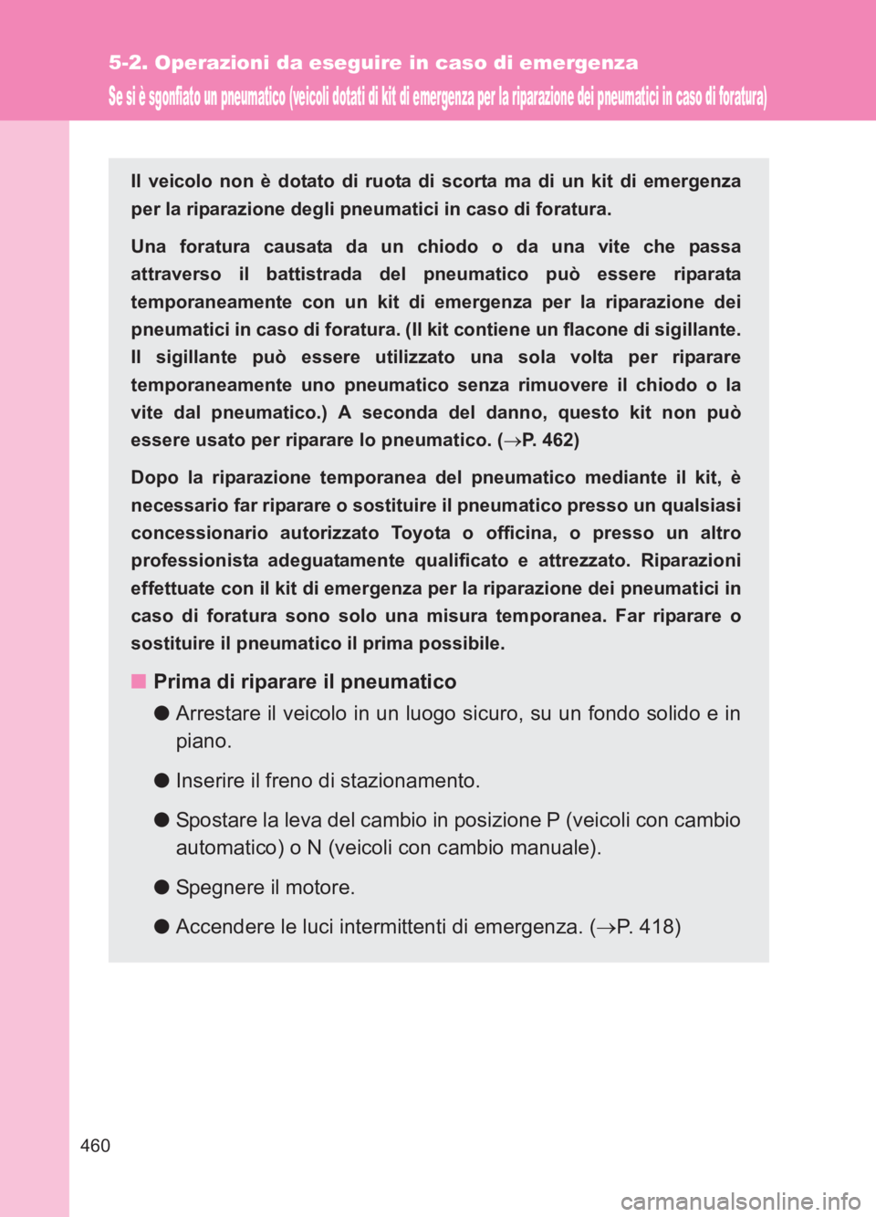 TOYOTA GT86 2017 Manuale duso (in Italian) 460
5-2. Operazioni da eseguire in caso di emergenza
86_EL (OM18077L)
Se si è sgonfiato un pneumatico (veicoli dotati di kit di emergenza per la riparazione dei pneumatici in caso di foratura)
Il vei TOYOTA GT86 2017 Manuale duso (in Italian) 460
5-2. Operazioni da eseguire in caso di emergenza
86_EL (OM18077L)
Se si è sgonfiato un pneumatico (veicoli dotati di kit di emergenza per la riparazione dei pneumatici in caso di foratura)
Il vei