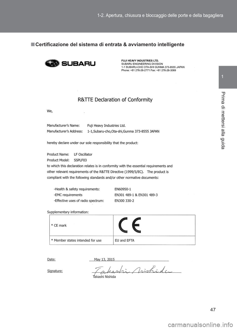TOYOTA GT86 2017  Manuale duso (in Italian) 47
1-2. Apertura, chiusura e bloccaggio delle porte e della bagagliera
1
Prima di mettersi alla guida
86_EL (OM18077L)
■Certificazione del sistema di  entrata & avviamento intelligente 