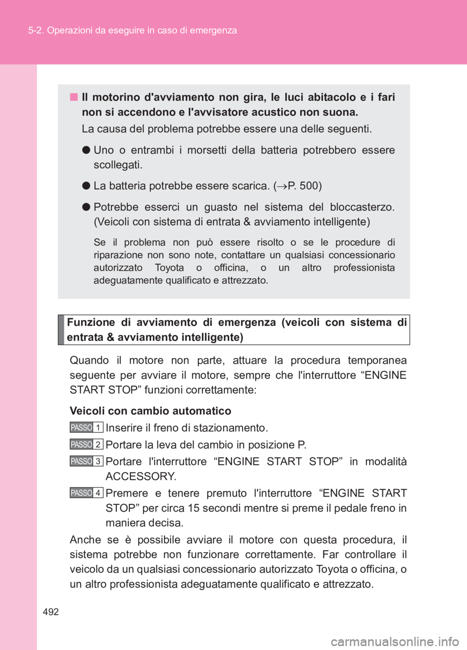 TOYOTA GT86 2017 Manuale duso (in Italian) 492
5-2. Operazioni da eseguire in caso di emergenza
86_EL (OM18077L)
Funzione di avviamento di emergenza (veicoli con sistema di
entrata & avviamento intelligente)
Quando il motore non parte, attuare TOYOTA GT86 2017 Manuale duso (in Italian) 492
5-2. Operazioni da eseguire in caso di emergenza
86_EL (OM18077L)
Funzione di avviamento di emergenza (veicoli con sistema di
entrata & avviamento intelligente)
Quando il motore non parte, attuare