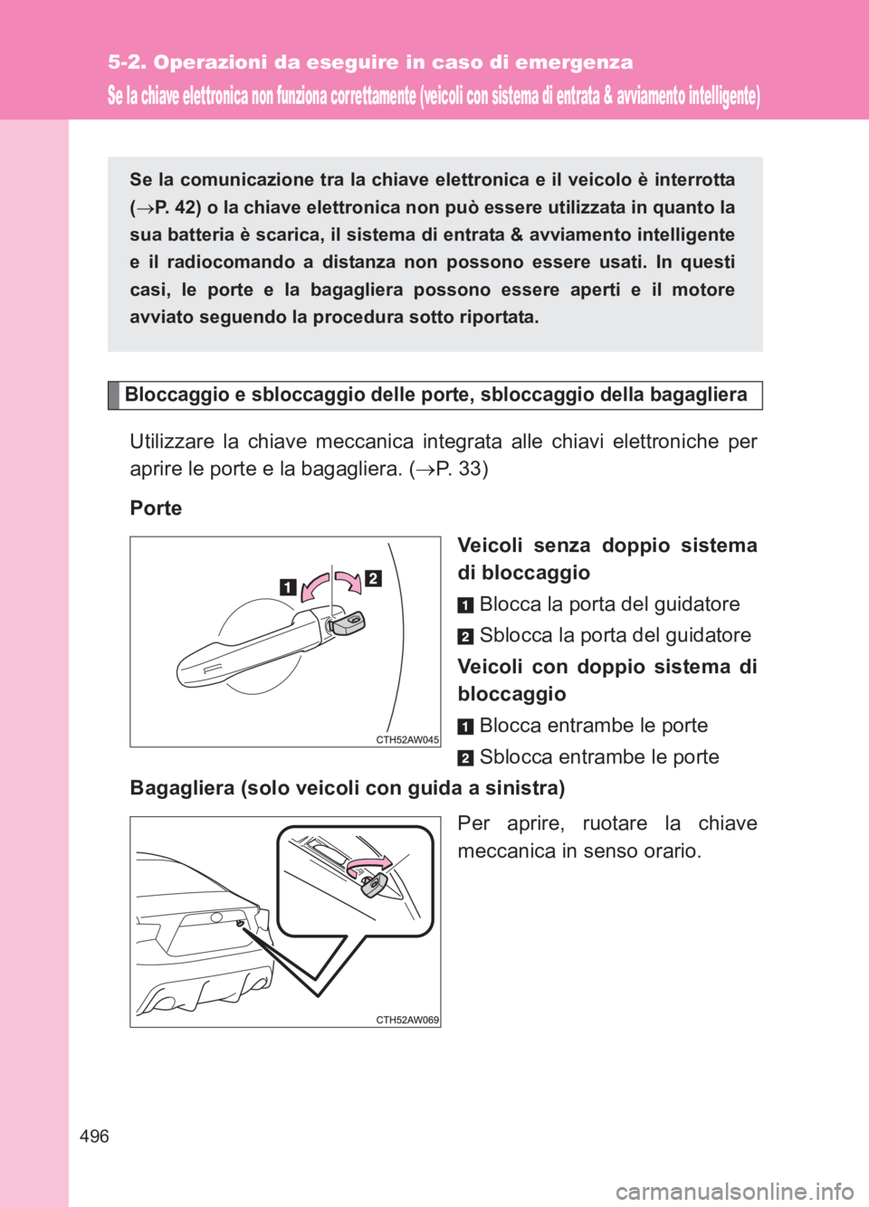 TOYOTA GT86 2017 Manuale duso (in Italian) 496
5-2. Operazioni da eseguire in caso di emergenza
86_EL (OM18077L)
Se la chiave elettronica non funziona cor rettamente (veicoli con sistema di entrata & avviamento intelligente)
Bloccaggio e sbloc TOYOTA GT86 2017 Manuale duso (in Italian) 496
5-2. Operazioni da eseguire in caso di emergenza
86_EL (OM18077L)
Se la chiave elettronica non funziona cor rettamente (veicoli con sistema di entrata & avviamento intelligente)
Bloccaggio e sbloc