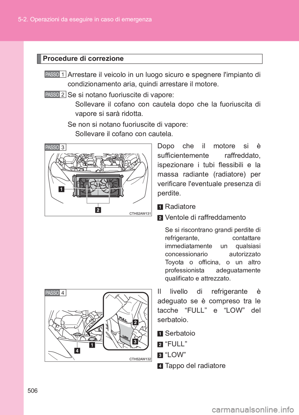 TOYOTA GT86 2017  Manuale duso (in Italian) 506
5-2. Operazioni da eseguire in caso di emergenza
86_EL (OM18077L)
Procedure di correzione
Arrestare il veicolo in un luogo sicuro e spegnere limpianto di
condizionamento aria, quindi arrestare il