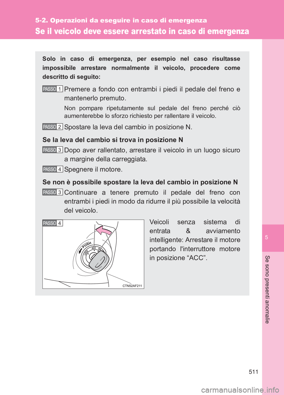 TOYOTA GT86 2017 Manuale duso (in Italian) 5
511
5-2. Operazioni da eseguire in caso di emergenza
Se sono presenti anomalie
86_EL (OM18077L)
Se il veicolo deve essere arrestato in caso di emergenza
Solo in caso di emergenza, per esempio nel ca TOYOTA GT86 2017 Manuale duso (in Italian) 5
511
5-2. Operazioni da eseguire in caso di emergenza
Se sono presenti anomalie
86_EL (OM18077L)
Se il veicolo deve essere arrestato in caso di emergenza
Solo in caso di emergenza, per esempio nel ca