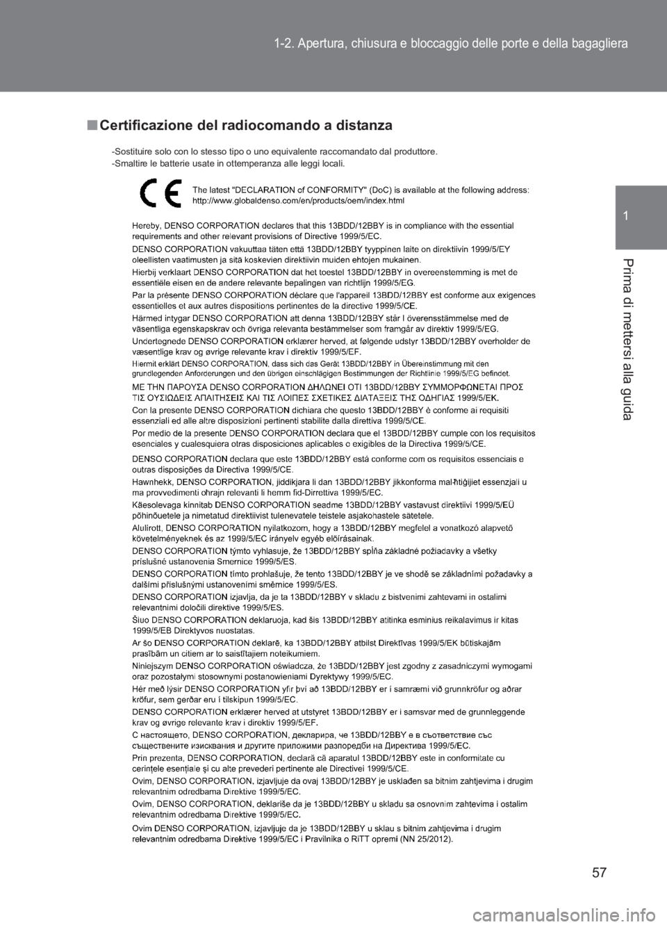 TOYOTA GT86 2017  Manuale duso (in Italian) 57
1-2. Apertura, chiusura e bloccaggio delle porte e della bagagliera
1
Prima di mettersi alla guida
86_EL (OM18077L)
■Certificazione del radiocomando a distanza
-Sostituire solo con lo stesso tipo
