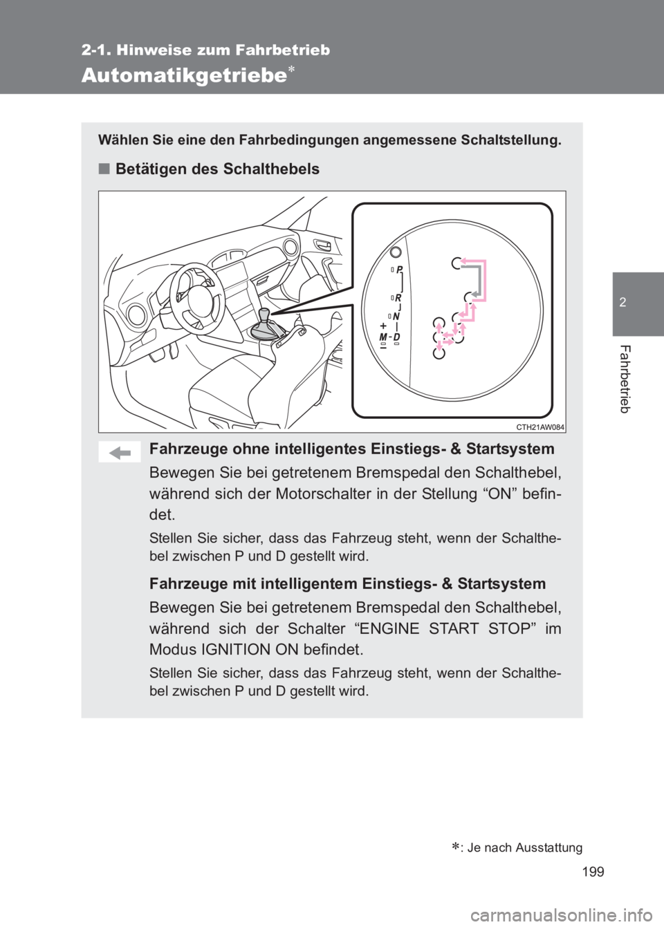 TOYOTA GT86 2017  Betriebsanleitungen (in German) 199
2-1. Hinweise zum Fahrbetrieb
2
Fahrbetrieb
86_EM (OM18074M)
Automatikgetriebe∗
Wählen Sie eine den Fahrbedingungen angemessene Schaltstellung.
■Betätigen des Schalthebels
Fahrzeuge ohne int