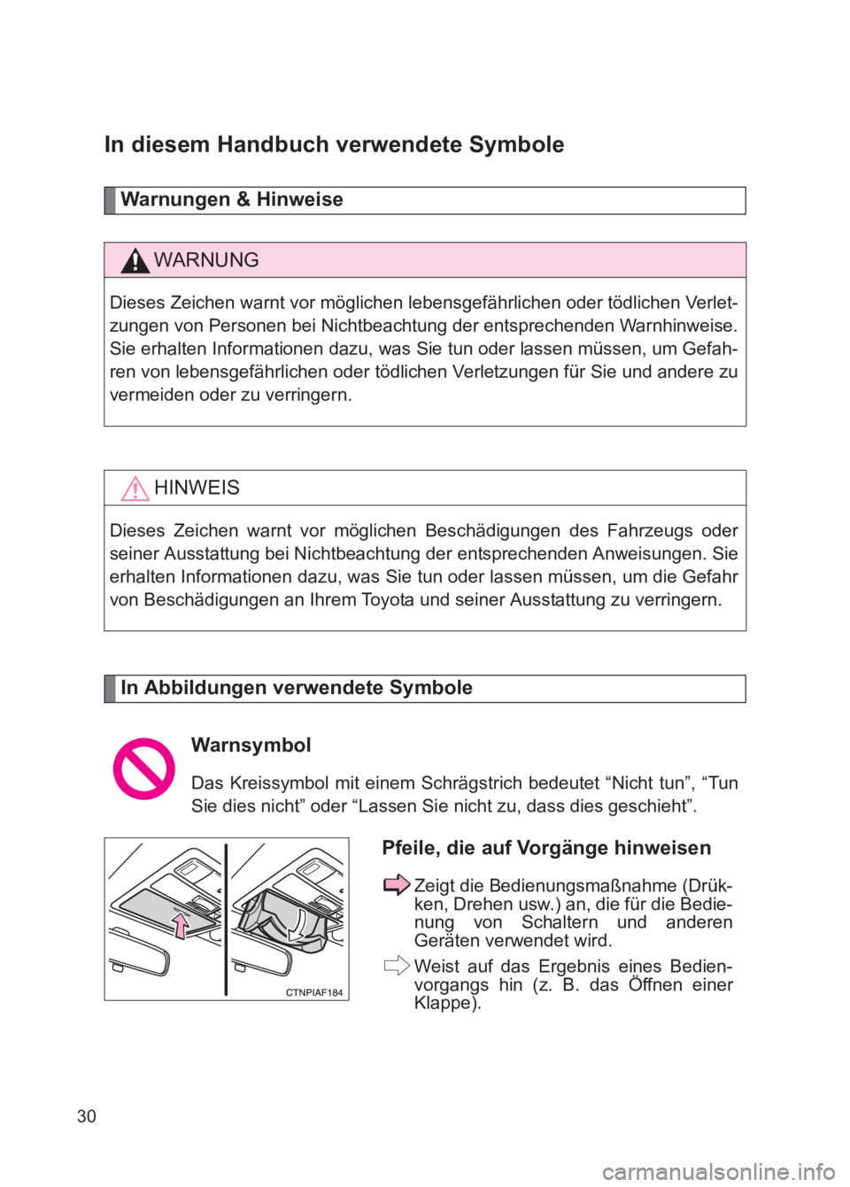 TOYOTA GT86 2017  Betriebsanleitungen (in German) 86_EM (OM18074M)
30
In diesem Handbuch verwendete Symbole
Warnungen & Hinweise 
In Abbildungen verwendete Symbole
WARNUNG
Dieses Zeichen warnt vor möglichen lebensgefährlichen oder tödlichen Verlet