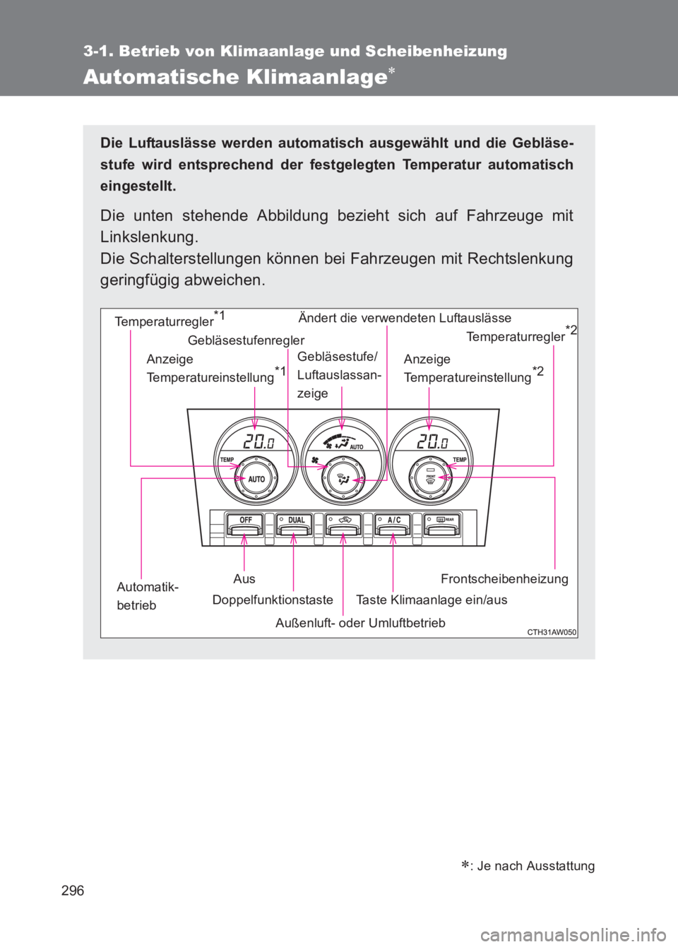 TOYOTA GT86 2017  Betriebsanleitungen (in German) 296
3-1. Betrieb von Klimaanlage und Scheibenheizung
86_EM (OM18074M)
Automatische Klimaanlage∗
Die Luftauslässe werden automatisch ausgewählt und die Gebläse-
stufe wird entsprechend der festgel