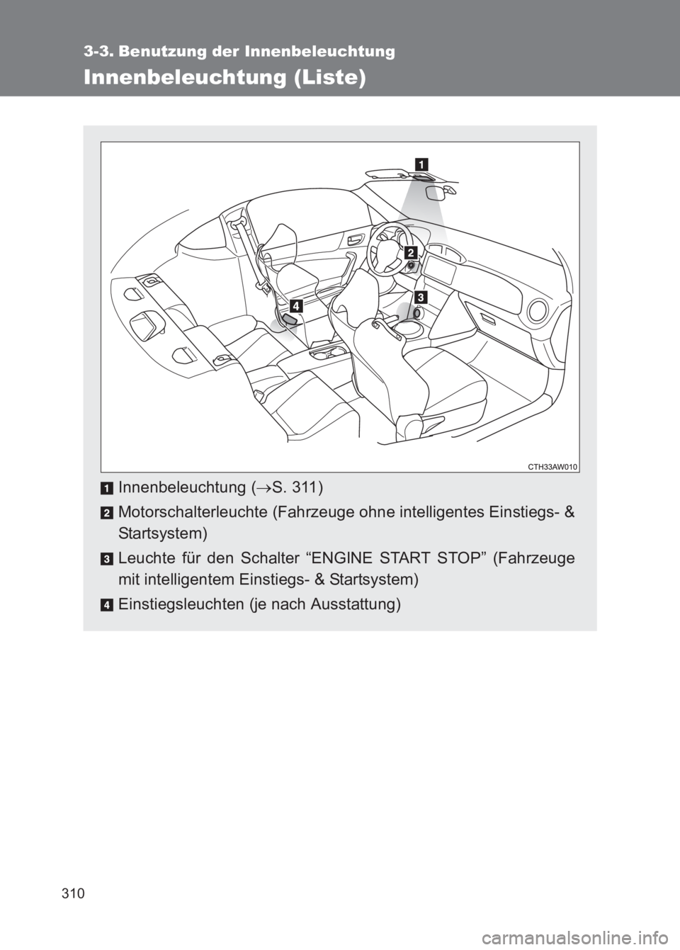 TOYOTA GT86 2017  Betriebsanleitungen (in German) 310
86_EM (OM18074M)
3-3. Benutzung der Innenbeleuchtung
Innenbeleuchtung (Liste)
Innenbeleuchtung (→S. 311)
Motorschalterleuchte (Fahrzeuge ohne intelligentes Einstiegs- &
Sta rts ys te m )
Leuchte