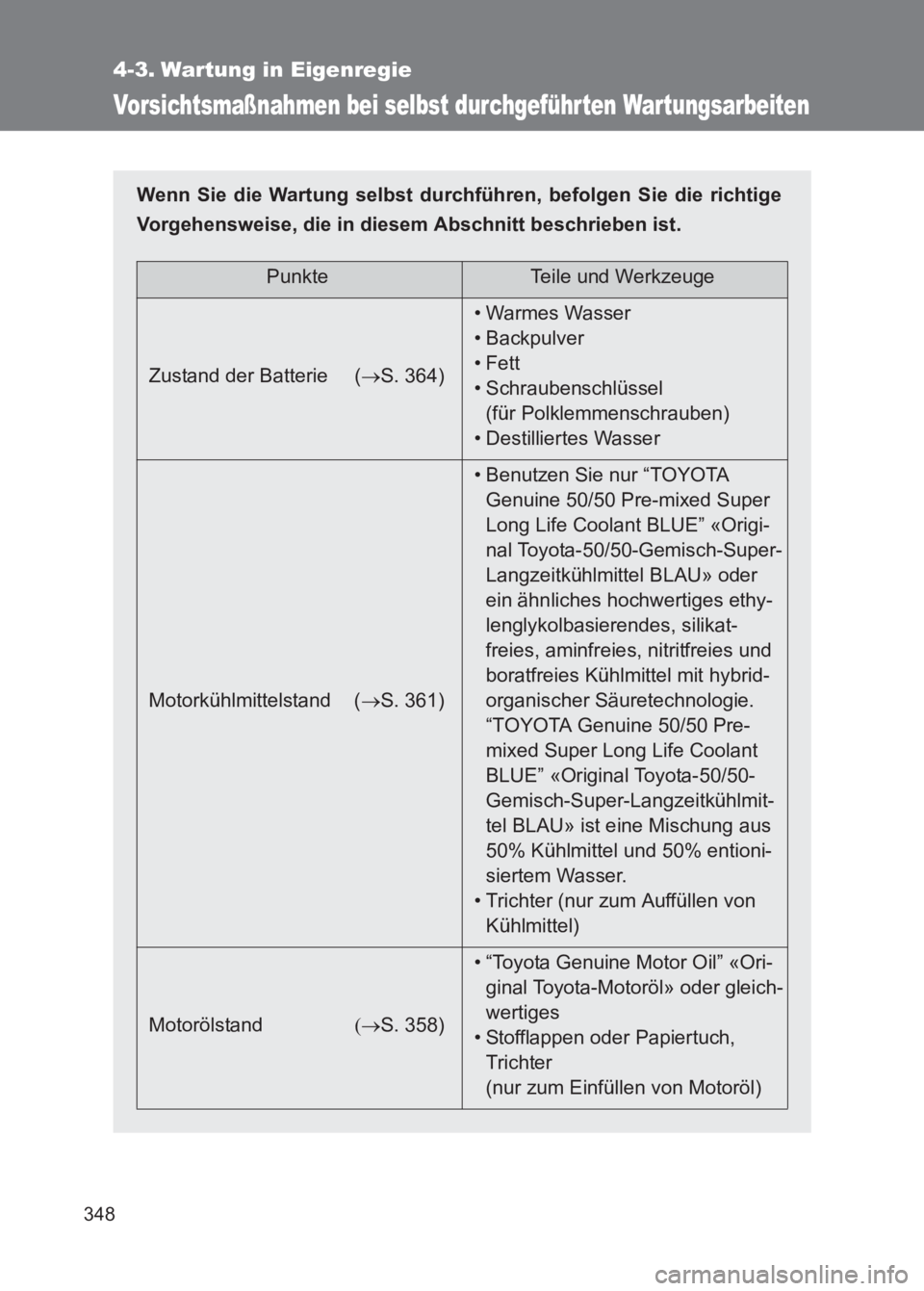 TOYOTA GT86 2017  Betriebsanleitungen (in German) 348
86_EM (OM18074M)
4-3. Wartung in Eigenregie
Vorsichtsmaßnahmen bei selbst durchgeführ ten Wartungsarbeiten
Wenn Sie die Wartung selbst durchführen, befolgen Sie die richtige
Vorgehensweise, die