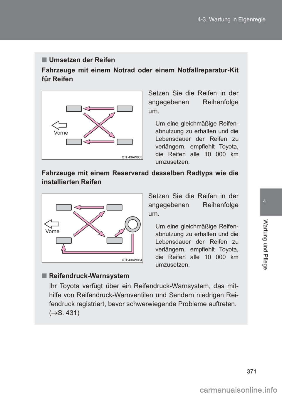 TOYOTA GT86 2017  Betriebsanleitungen (in German) 371
4-3. Wartung in Eigenregie
4
Wartung und Pflege
86_EM (OM18074M)
■
Umsetzen der Reifen
Fahrzeuge mit einem Notrad oder einem Notfallreparatur-Kit
für Reifen
Setzen Sie die Reifen in der
angegeb
