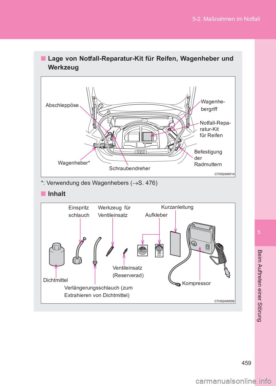 TOYOTA GT86 2017  Betriebsanleitungen (in German) 5
459
5-2. Maßnahmen im Notfall
Beim Auftreten einer Störung
86_EM (OM18074M)
■
Lage von Notfall-Reparatur-Kit für Reifen, Wagenheber und
Werkzeug
*: Verwendung des Wagenhebers ( →S. 476)
■ I