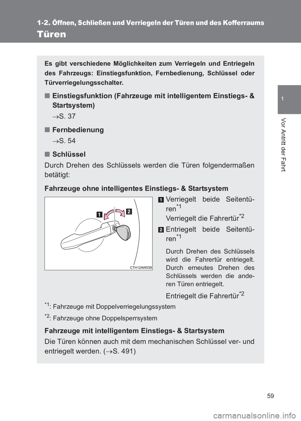 TOYOTA GT86 2017  Betriebsanleitungen (in German) 59
1
1-2. Öffnen, Schließen und Verriegeln der Türen und des Kofferraums
Vor Antritt der Fahrt
86_EM (OM18074M)
Türen
Es gibt verschiedene Möglichkeiten zum Verriegeln und Entriegeln
des Fahrzeug