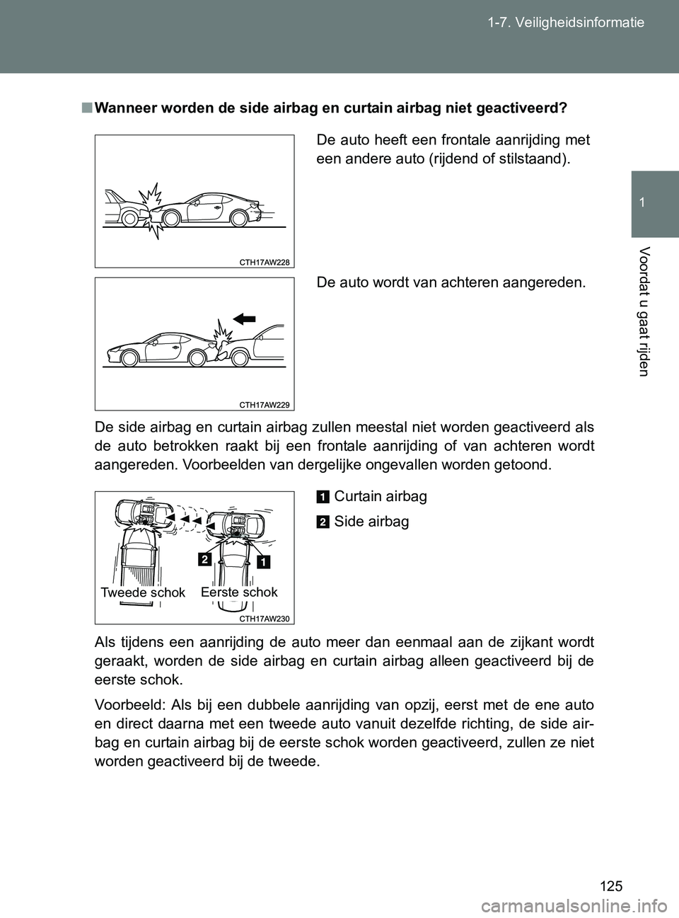 TOYOTA GT86 2017  Instructieboekje (in Dutch) 125 1-7. Veiligheidsinformatie
1
Voordat u gaat rijden
86_EE (OM18071E)
■Wanneer worden de side airbag en curtain airbag niet geactiveerd?
De side airbag en curtain airbag zullen meestal niet worden
