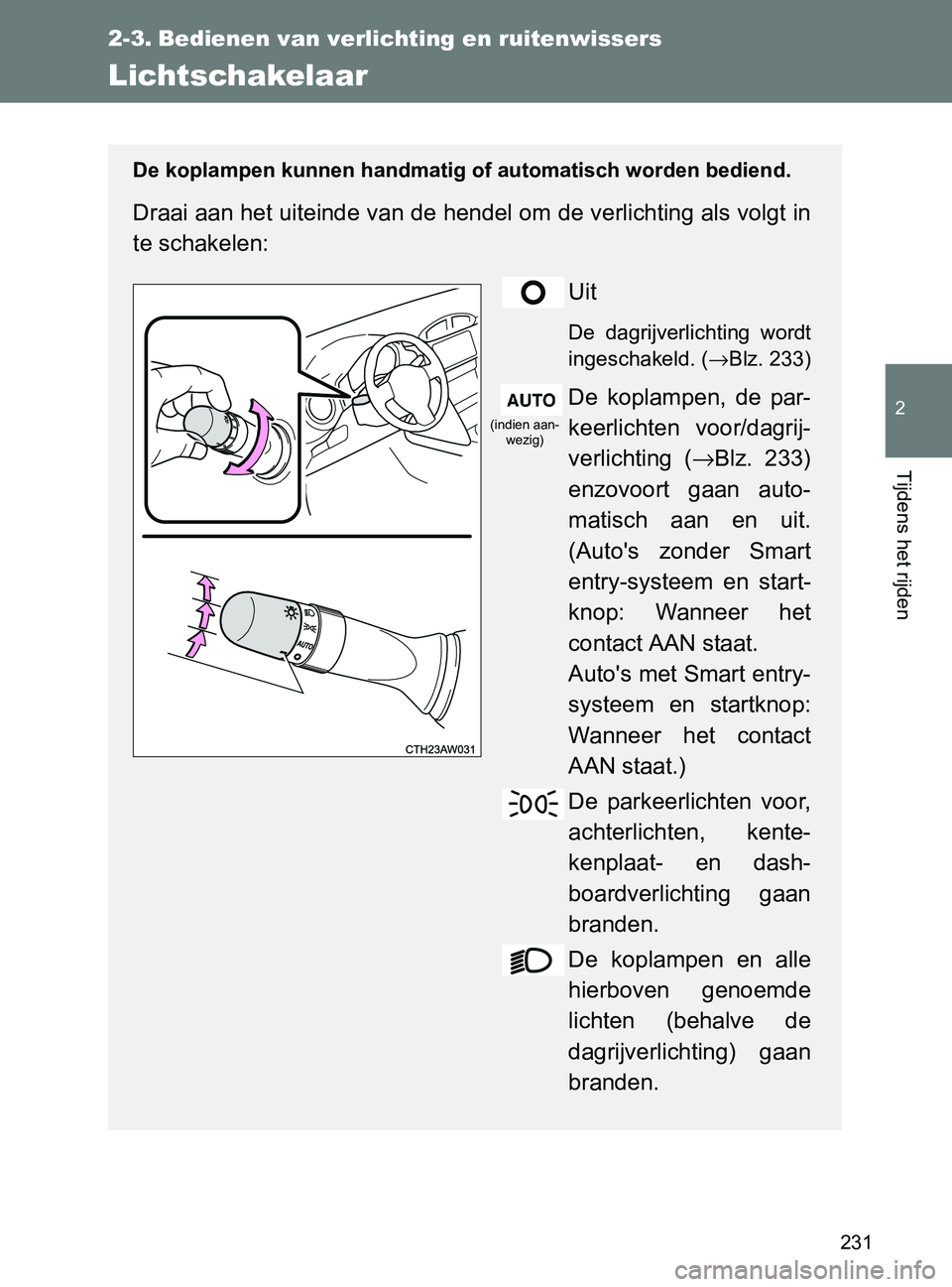 TOYOTA GT86 2017  Instructieboekje (in Dutch) 231
2
Tijdens het rijden
86_EE (OM18071E)
2-3. Bedienen van verlichting en ruitenwissers
Lichtschakelaar
De koplampen kunnen handmatig of automatisch worden bediend.
Draai aan het uiteinde van de hend