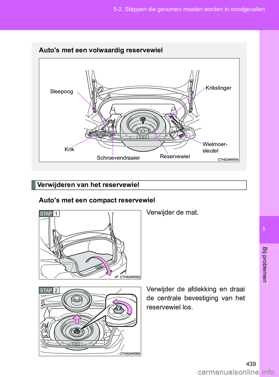 TOYOTA GT86 2017  Instructieboekje (in Dutch) 5
439 5-2. Stappen die genomen moeten worden in noodgevallen
Bij problemen
86_EE (OM18071E)
Verwijderen van het reservewiel
Auto's met een compact reservewiel
Verwijder de mat.
Verwijder  de  afde