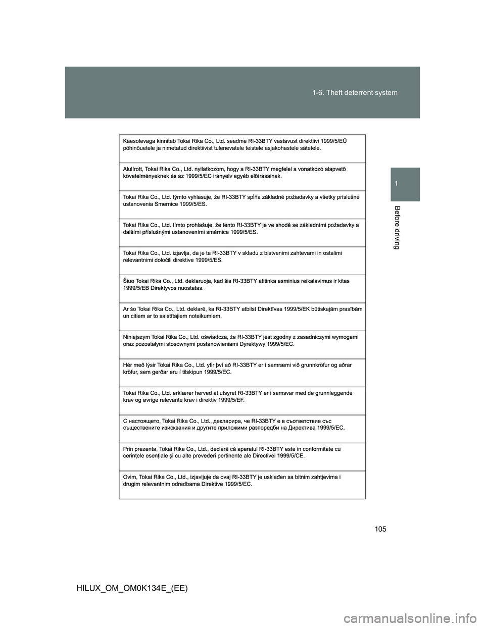 TOYOTA HILUX 2013  Owners Manual (in English) 105 1-6. Theft deterrent system
1
Before driving
HILUX_OM_OM0K134E_(EE) 