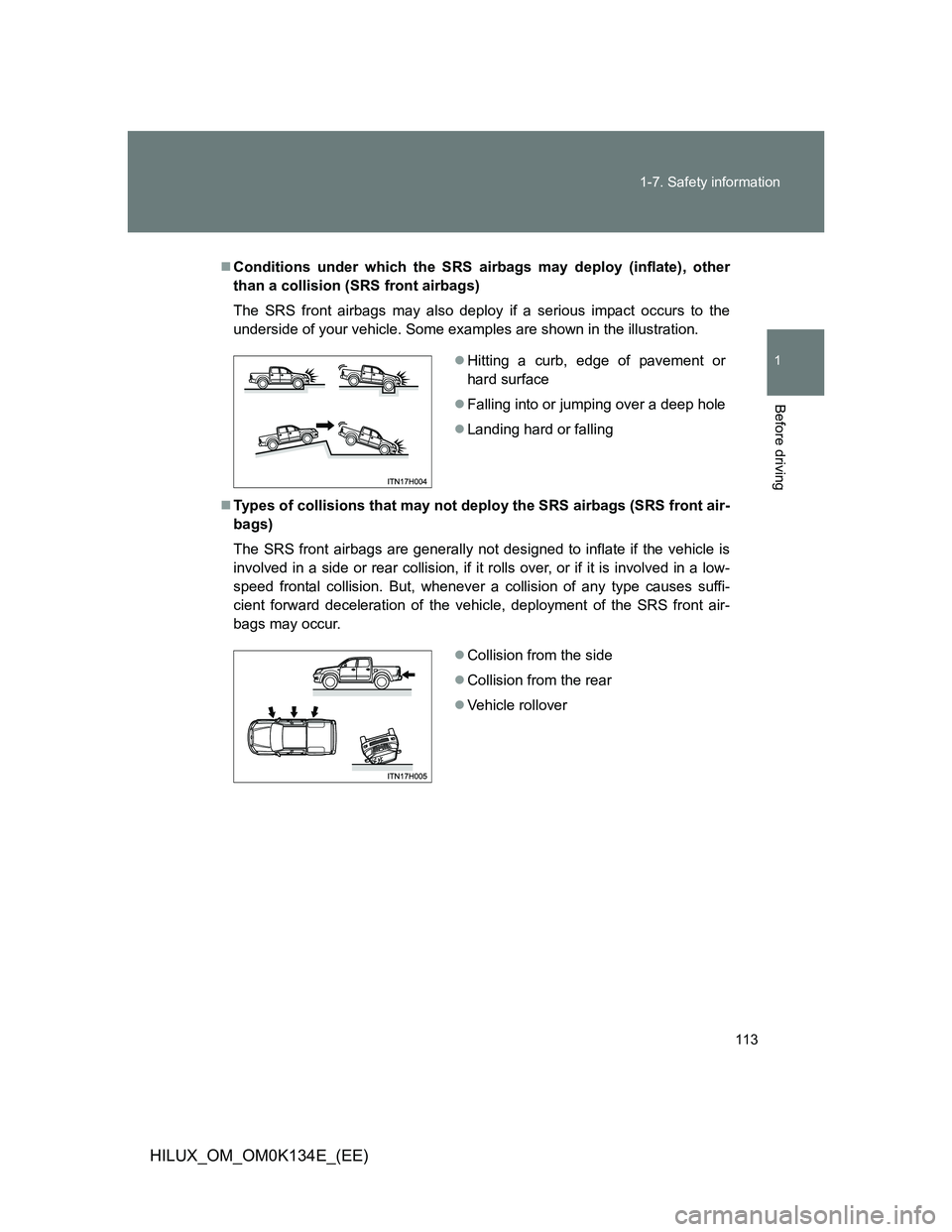 TOYOTA HILUX 2013  Owners Manual (in English) 113 1-7. Safety information
1
Before driving
HILUX_OM_OM0K134E_(EE)
Conditions under which the SRS airbags may deploy (inflate), other
than a collision (SRS front airbags)
The SRS front airbags may