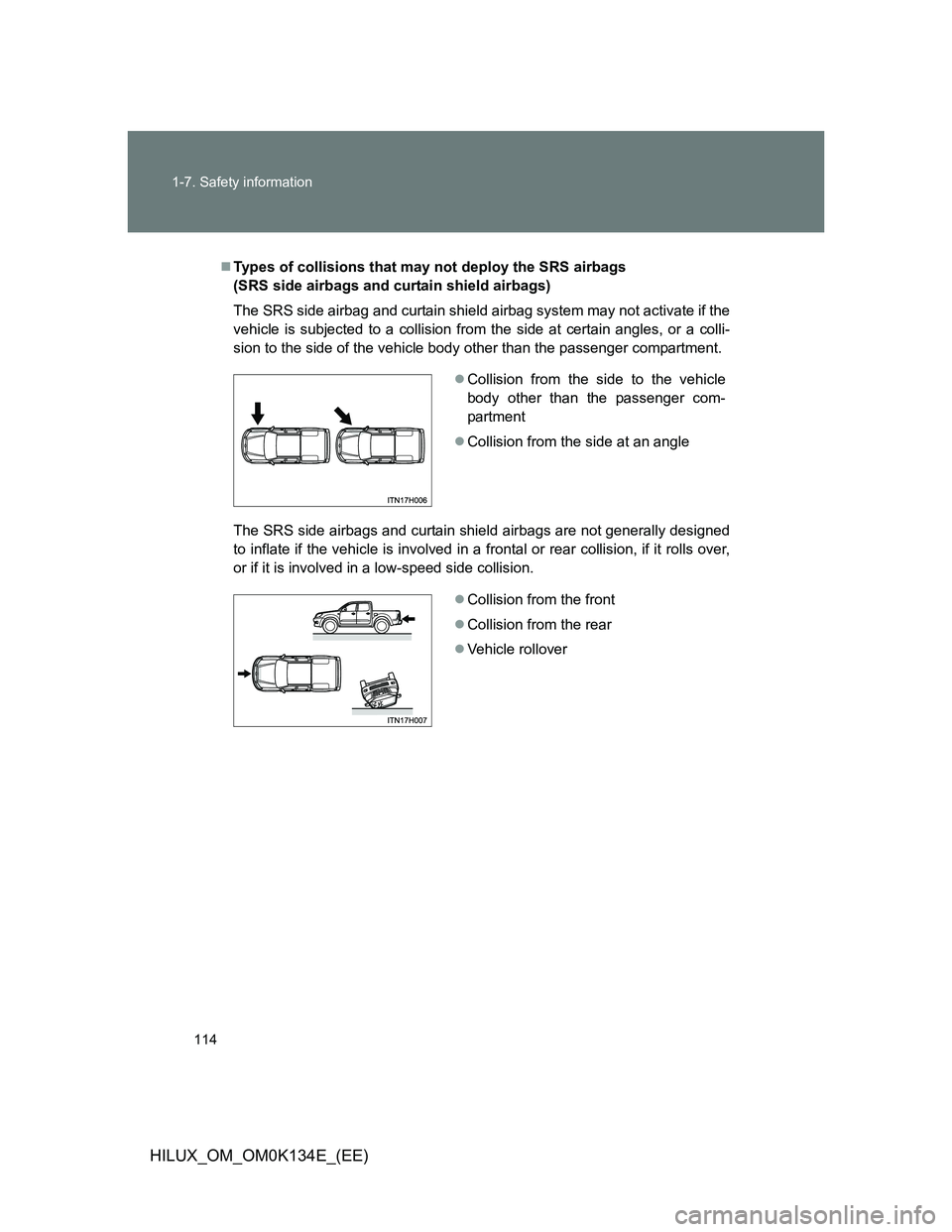 TOYOTA HILUX 2013  Owners Manual (in English) 114 1-7. Safety information
HILUX_OM_OM0K134E_(EE)
Types of collisions that may not deploy the SRS airbags 
(SRS side airbags and curtain shield airbags)
The SRS side airbag and curtain shield airb