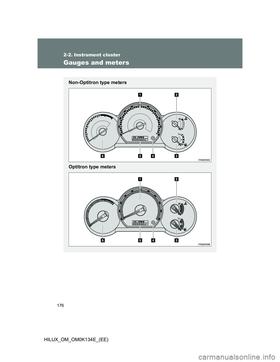 TOYOTA HILUX 2013  Owners Manual (in English) 176
HILUX_OM_OM0K134E_(EE)
2-2. Instrument cluster
Gauges and meters
Non-Optitron type meters
Optitron type meters 