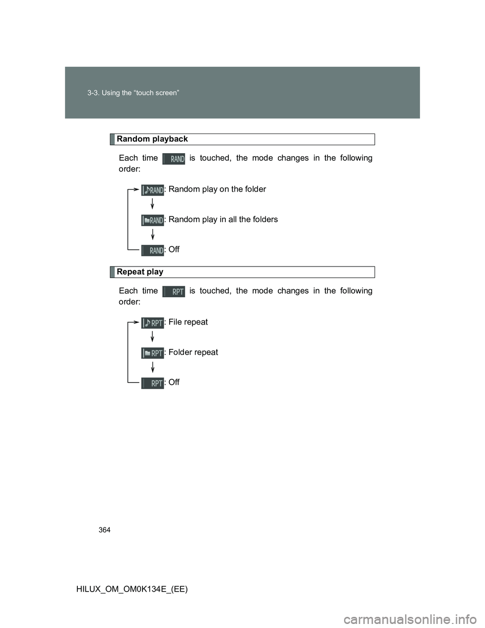 TOYOTA HILUX 2013  Owners Manual (in English) 364 3-3. Using the “touch screen”
HILUX_OM_OM0K134E_(EE)
Random playback
Each time   is touched, the mode changes in the following
order:
Repeat play
Each time   is touched, the mode changes in th