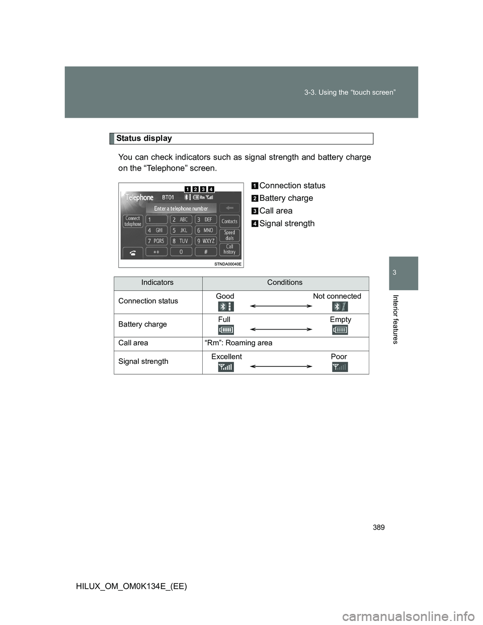 TOYOTA HILUX 2013  Owners Manual (in English) 389 3-3. Using the “touch screen”
3
Interior features
HILUX_OM_OM0K134E_(EE)
Status display
You can check indicators such as signal strength and battery charge
on the “Telephone” screen.
Conne