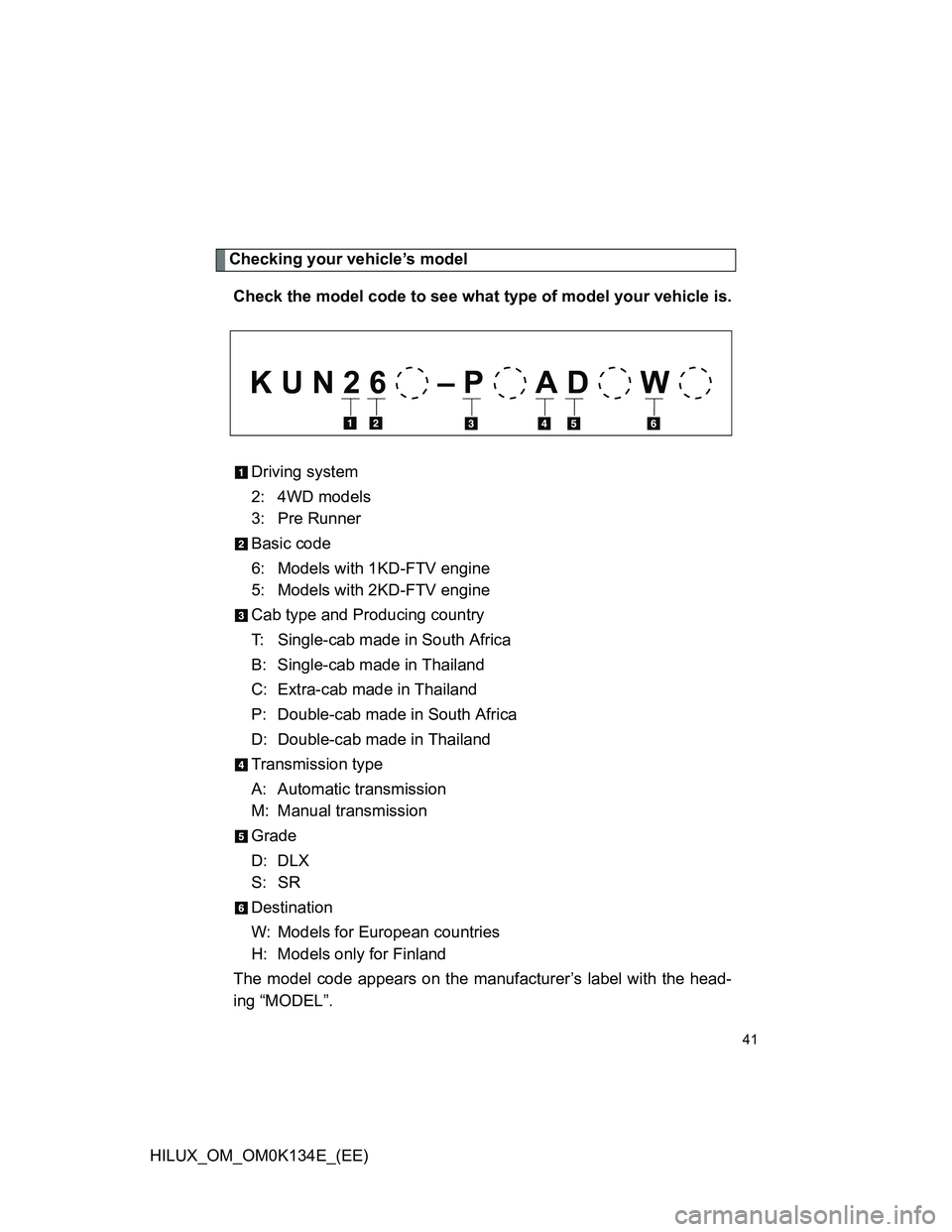 TOYOTA HILUX 2013  Owners Manual (in English) 41
HILUX_OM_OM0K134E_(EE)
Checking your vehicle’s model
Check the model code to see what type of model your vehicle is.
Driving system
2: 4WD models
3: Pre Runner
Basic code
6: Models with 1KD-FTV e