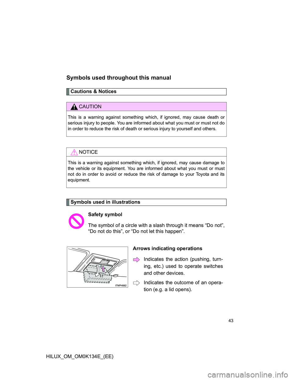 TOYOTA HILUX 2013  Owners Manual (in English) 43
HILUX_OM_OM0K134E_(EE)
Symbols used throughout this manual
Cautions & Notices 
Symbols used in illustrations
CAUTION
This is a warning against something which, if ignored, may cause death or
seriou