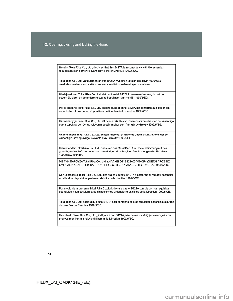 TOYOTA HILUX 2013  Owners Manual (in English) 54 1-2. Opening, closing and locking the doors
HILUX_OM_OM0K134E_(EE) 
