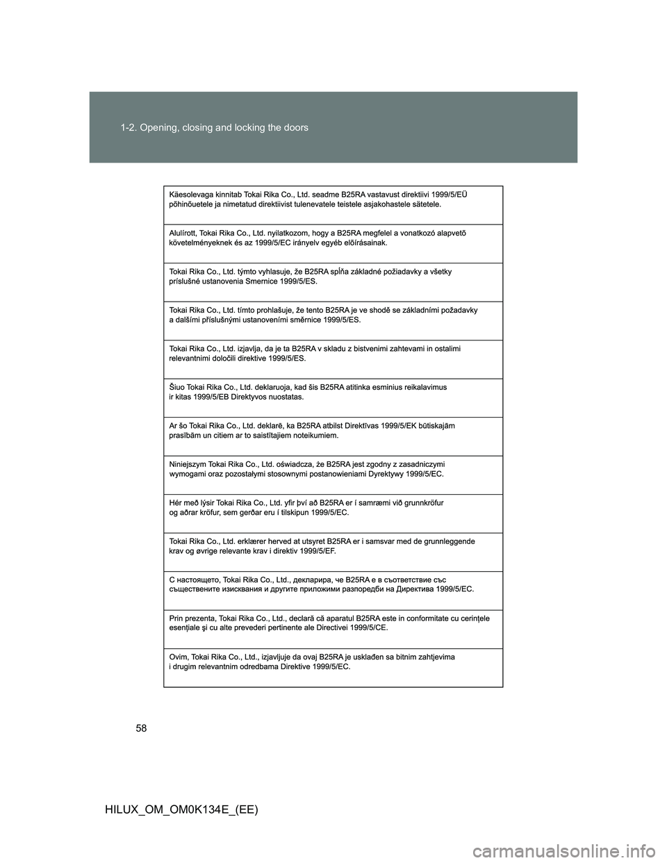 TOYOTA HILUX 2013  Owners Manual (in English) 58 1-2. Opening, closing and locking the doors
HILUX_OM_OM0K134E_(EE) 