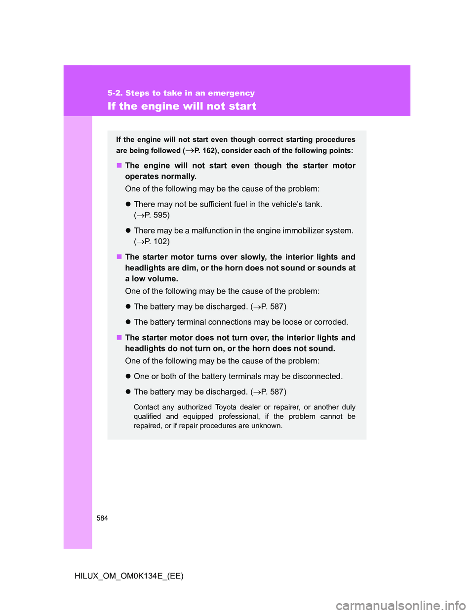 TOYOTA HILUX 2013  Owners Manual (in English) 584
5-2. Steps to take in an emergency
HILUX_OM_OM0K134E_(EE)
If the engine will not start
If the engine will not start even though correct starting procedures
are being followed (
P. 162), conside