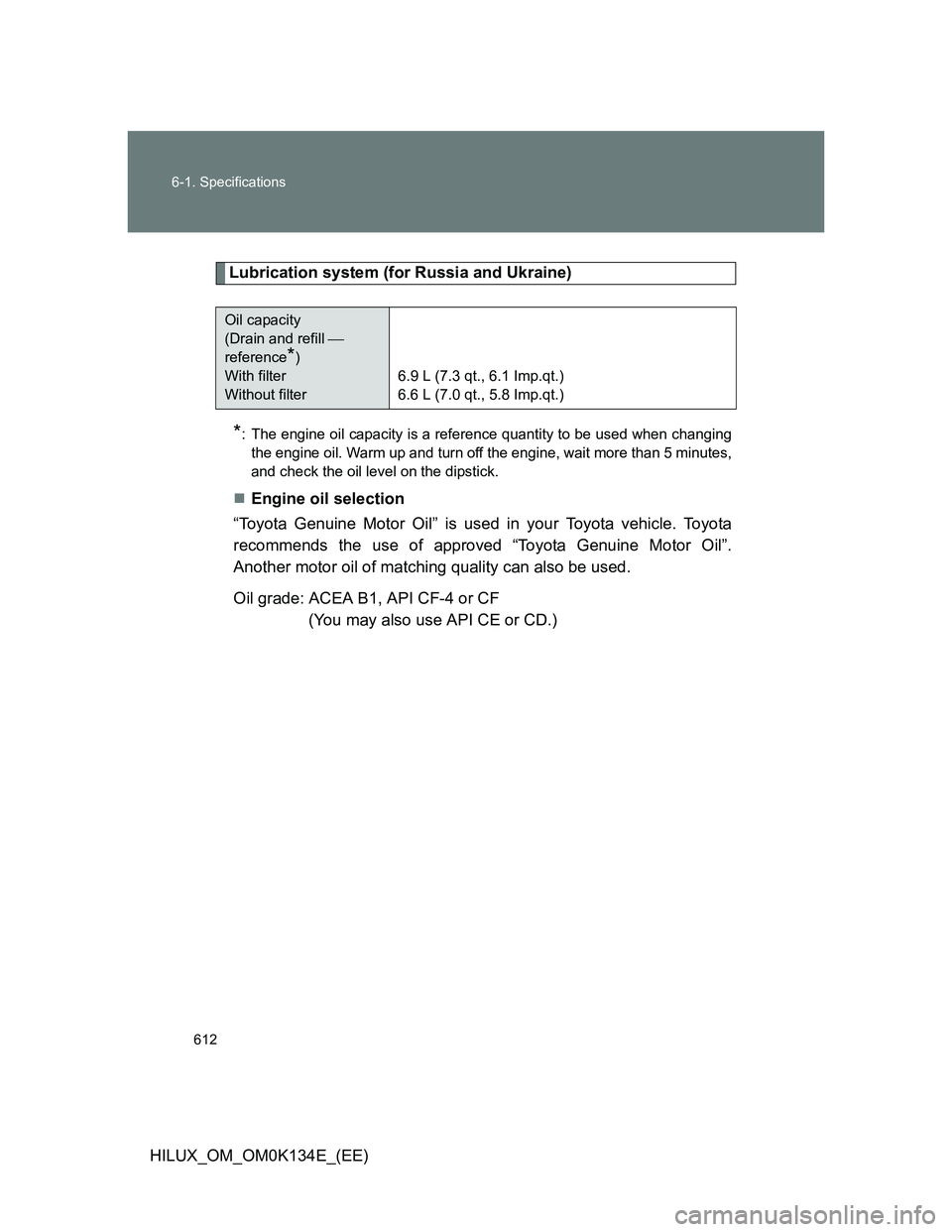 TOYOTA HILUX 2013  Owners Manual (in English) 612 6-1. Specifications
HILUX_OM_OM0K134E_(EE)
Lubrication system (for Russia and Ukraine)
*: The engine oil capacity is a reference quantity to be used when changing
the engine oil. Warm up and turn 