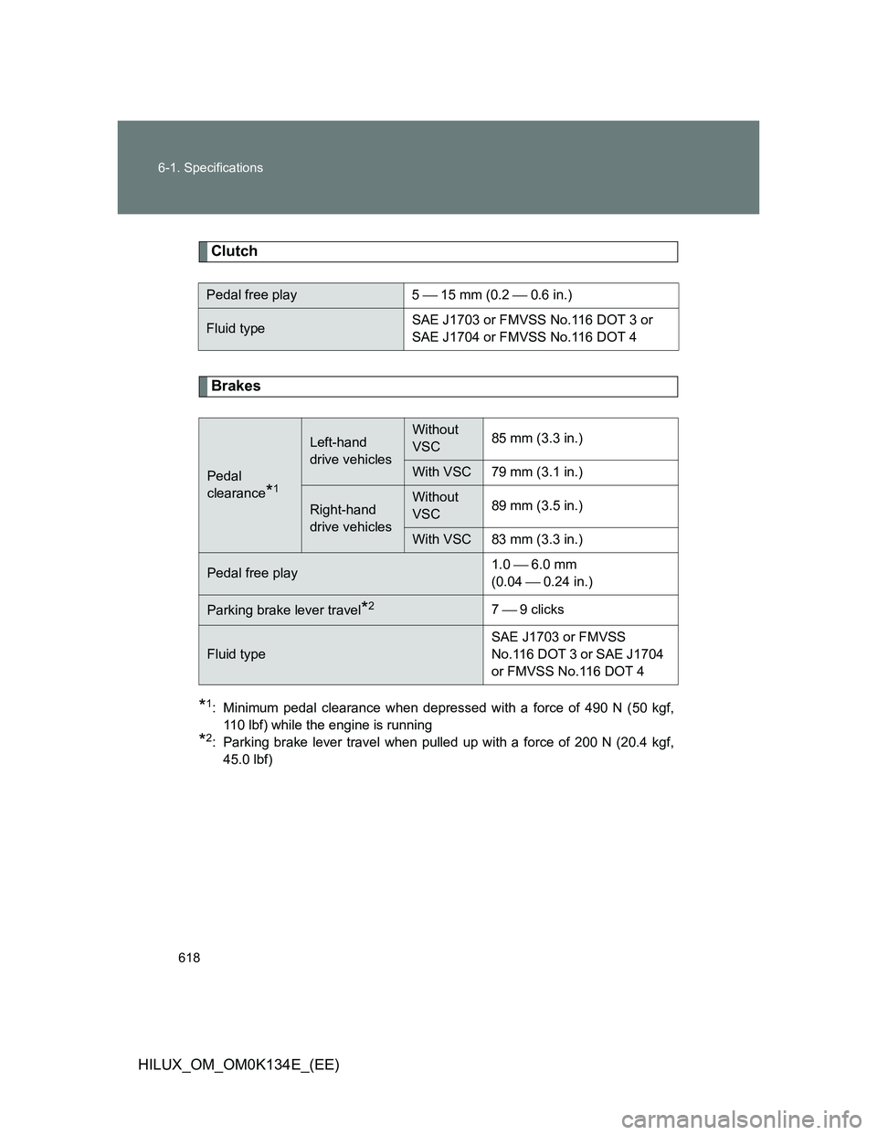 TOYOTA HILUX 2013  Owners Manual (in English) 618 6-1. Specifications
HILUX_OM_OM0K134E_(EE)
Clutch
Brakes
*1: Minimum pedal clearance when depressed with a force of 490 N (50 kgf,
110 lbf) while the engine is running
*2: Parking brake lever trav