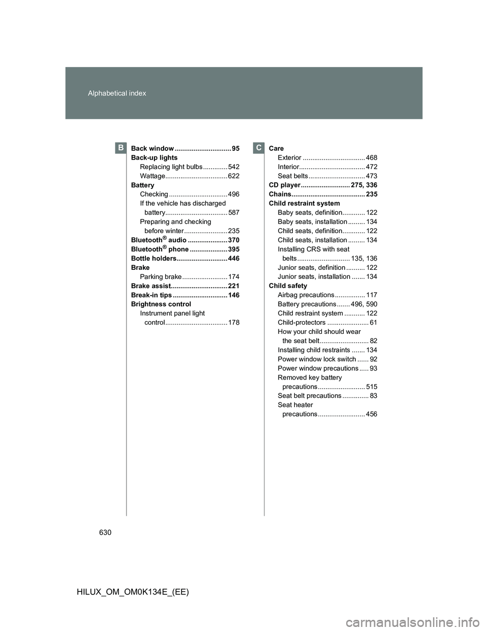TOYOTA HILUX 2013 Owners Manual (in English) 630 Alphabetical index
HILUX_OM_OM0K134E_(EE)
Back window .............................. 95
Back-up lights
Replacing light bulbs ............. 542
Wattage................................. 622
Battery
TOYOTA HILUX 2013 Owners Manual (in English) 630 Alphabetical index
HILUX_OM_OM0K134E_(EE)
Back window .............................. 95
Back-up lights
Replacing light bulbs ............. 542
Wattage................................. 622
Battery