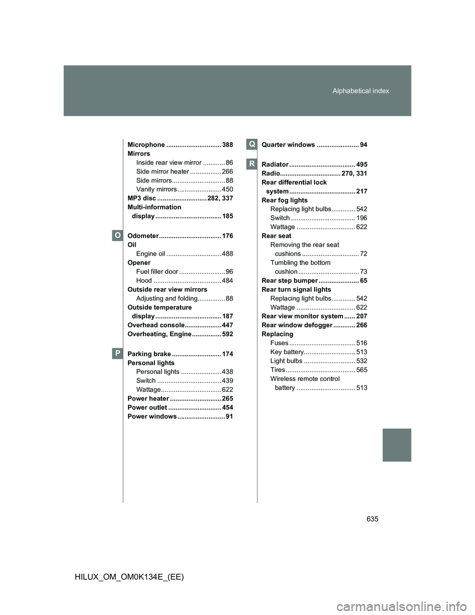 TOYOTA HILUX 2013  Owners Manual (in English) 635 Alphabetical index
HILUX_OM_OM0K134E_(EE)
Microphone .............................. 388
Mirrors
Inside rear view mirror ............ 86
Side mirror heater ................. 266
Side mirrors.......