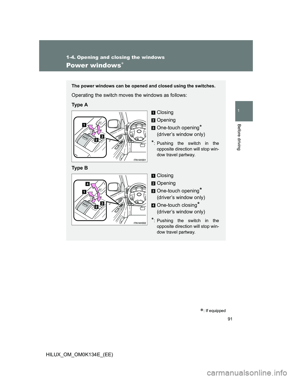 TOYOTA HILUX 2013  Owners Manual (in English) 91
1
Before driving
HILUX_OM_OM0K134E_(EE)
1-4. Opening and closing the windows
Power windows
: If equipped
The power windows can be opened and closed using the switches.
Operating the switch mo