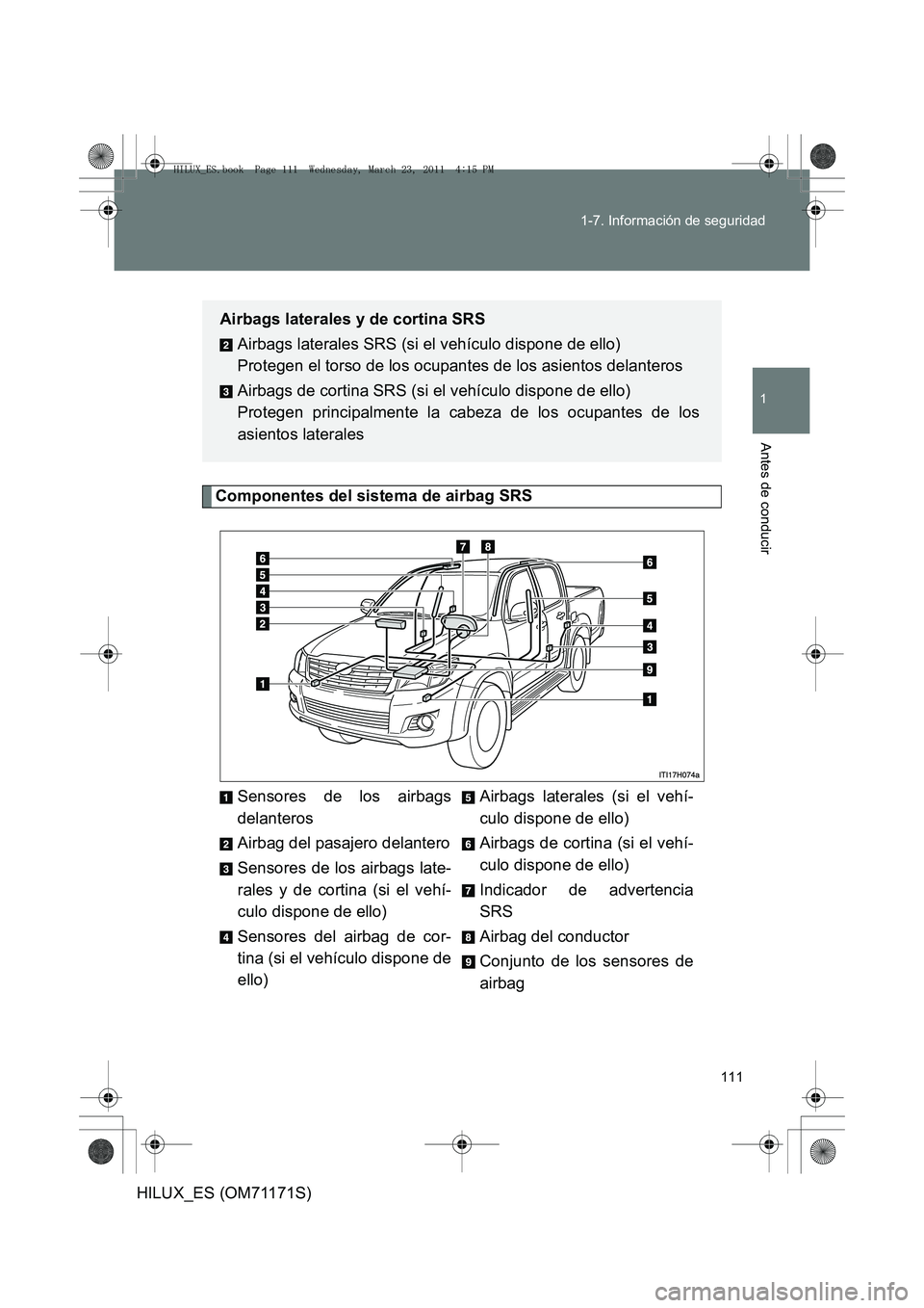 TOYOTA HILUX 2011  Manuale de Empleo (in Spanish) 111
1-7. Información de seguridad
1
Antes de conducir
HILUX_ES (OM71171S)
Componentes del sistema de airbag SRS
Sensores de los airbags
delanteros
Airbag del pasajero delantero
Sensores de los airbag