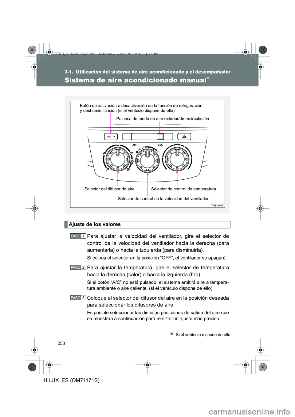 TOYOTA HILUX 2011  Manuale de Empleo (in Spanish) 250
HILUX_ES (OM71171S)
3-1. Utilización del sistema de aire acondicionado y el desempañador
Sistema de aire acondicionado manual∗
Ajuste de los valoresPara ajustar la velocidad del ventilador, gi