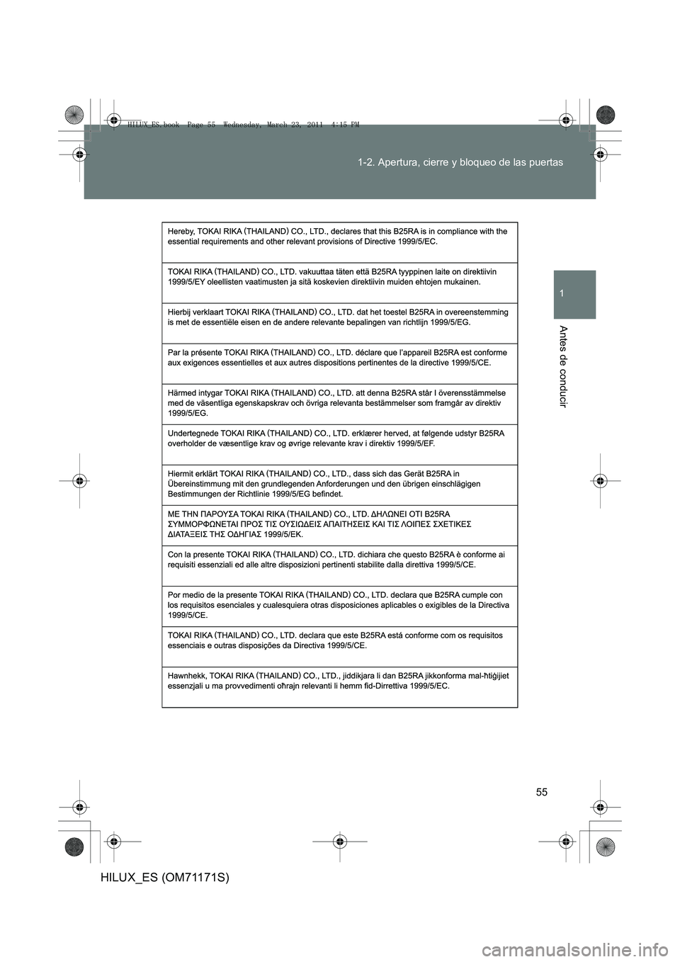TOYOTA HILUX 2011  Manuale de Empleo (in Spanish) 55
1-2. Apertura, cierre y bloqueo de las puertas
1
Antes de conducir
HILUX_ES (OM71171S)
HILUX_ES.book  Page 55  Wednesday, March 23, 2011  4:15 PM 