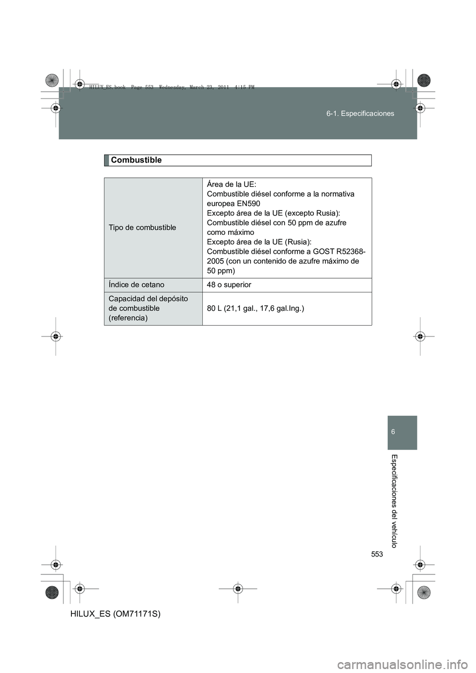 TOYOTA HILUX 2011  Manuale de Empleo (in Spanish) 553
6-1. Especificaciones
6
Especificaciones del vehículo
HILUX_ES (OM71171S)
Combustible
Tipo de combustible
Área de la UE:
Combustible diésel conforme a la normativa 
europea EN590
Excepto área 