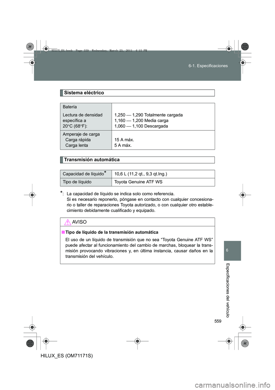 TOYOTA HILUX 2011  Manuale de Empleo (in Spanish) 559
6-1. Especificaciones
6
Especificaciones del vehículo
HILUX_ES (OM71171S)
Sistema eléctrico
Transmisión automática
*: La capacidad de líquido se indica solo como referencia. 
Si es necesario 