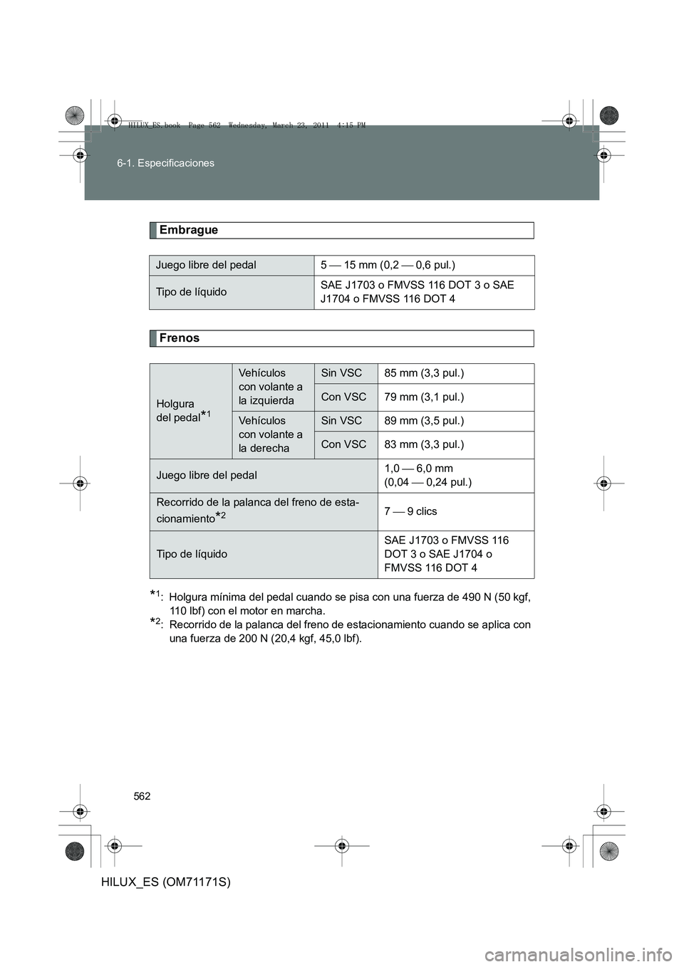 TOYOTA HILUX 2011  Manuale de Empleo (in Spanish) 562
6-1. Especificaciones
HILUX_ES (OM71171S)
Embrague
Frenos
*1: Holgura mínima del pedal cuando se pisa con una fuerza de 490 N (50 kgf,
110 lbf) con el motor en marcha.
*2: Recorrido de la palanca